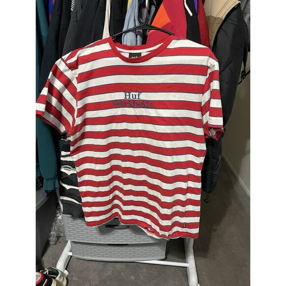 Size XL- HUF Worldwide Striped Red White T Shirt Stitch Logo - Picture 1 of 3